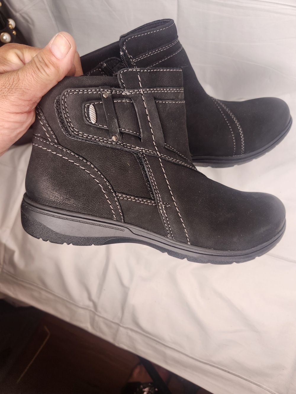 Clarks Black Suede Ankle Boots with Contrast Stitching